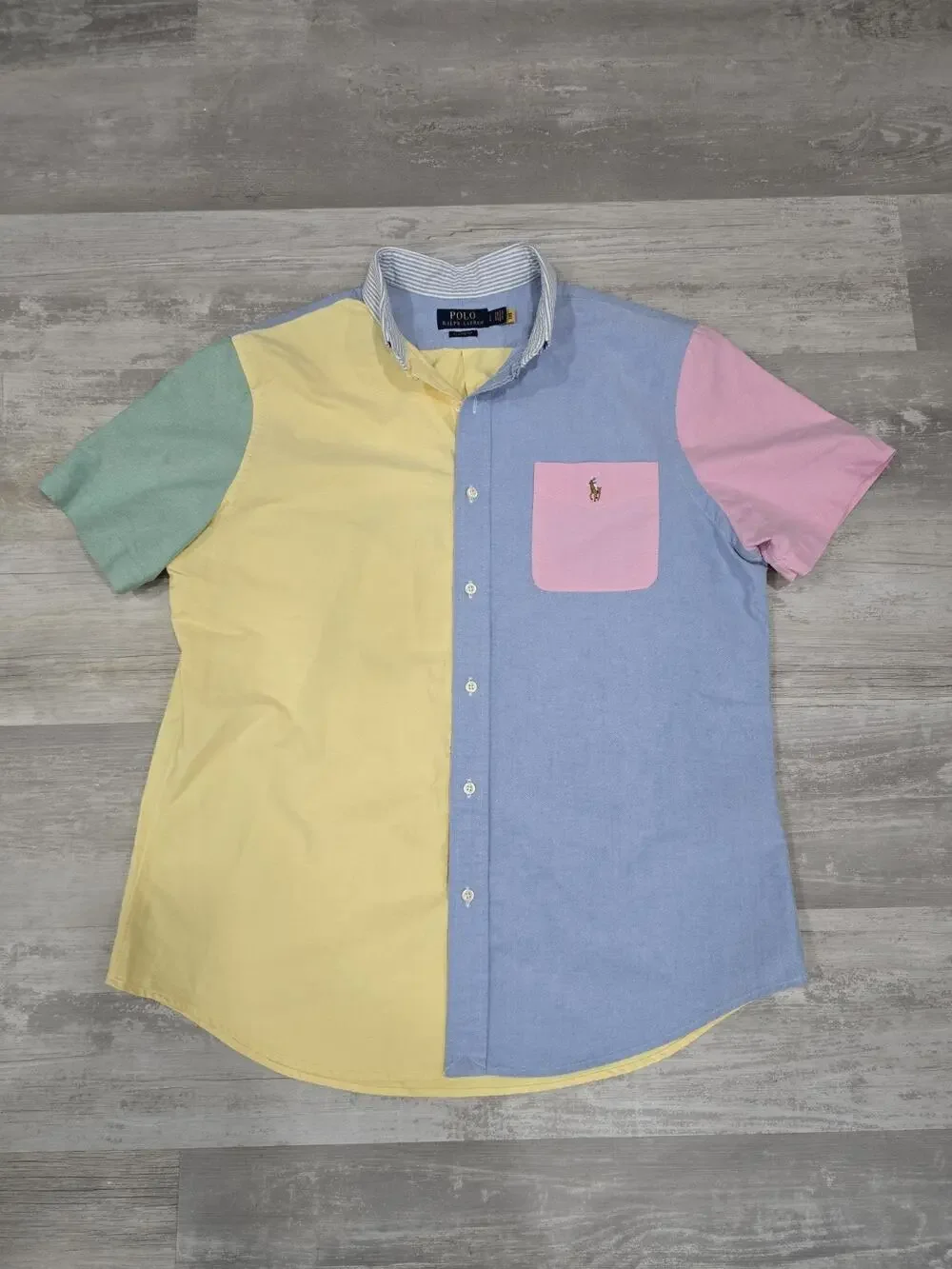 Polo Ralph Lauren Classic Fit Fun Shirt Mens L Colorblock Pastel Short Sleeve